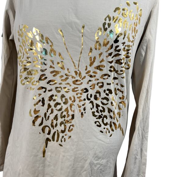 Dots Gold Butterfly Beige Long Sleeve Crew Neck 95% Cotton Plus Size 1X Beige - Picture 4 of 14